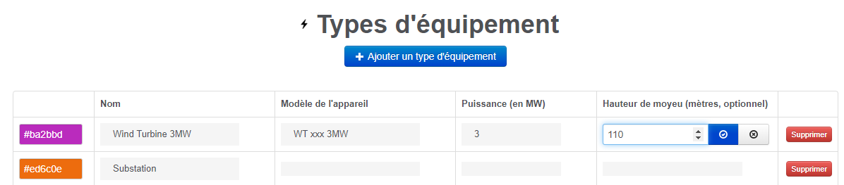 Type d'équipement: hauteur de moyeu.